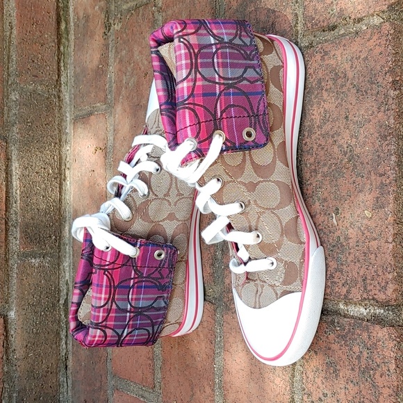 Coach Bonney Pink And Tan Signature High Top Sneaker Size 8.5 (1268) - Picture 4 of 11